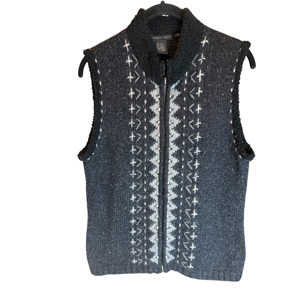 Nomadic Traders Silk Angora Blend Knit Vest Gray Geometric Full Zip Women Small